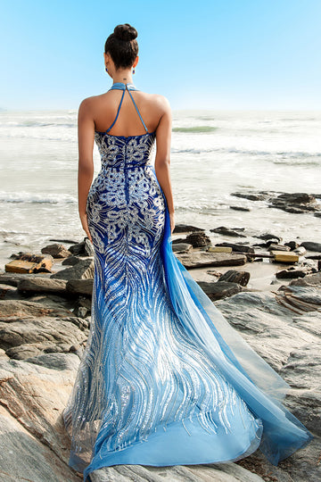 Sparkly Blue Mermaid Sequin Halter Long Formal Dress with Slit